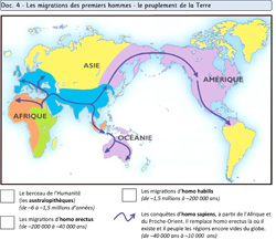Carte du peuplement de la Terre par les hominidés - préhistoire
