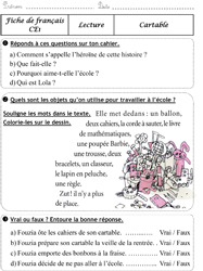 Cartable (Friot) - questionnaire CE1