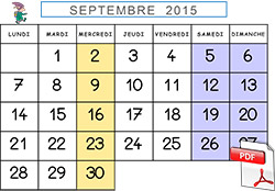 Le calendrier mensuel à afficher 2015-2016